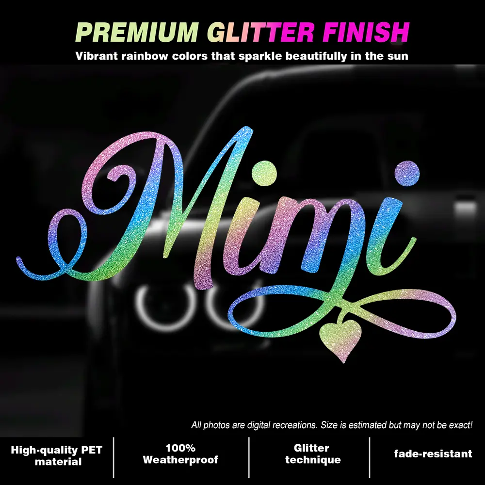 Rainbow Sequins "Mimi" Car Decal - Textured, Color Changing Alphabet, IP65 Rated Weatherproof PET Auto Window Vinyl Graphic, Fade-Resistant Radiant Hearts Sticker, Inspirational Pride Automotive Exterior Accessory, Cute Gift for Grandmothers