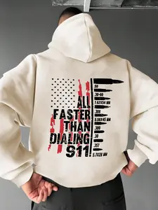 Men's Letter & Flag Print Drop Shoulder Hoodie, Fashion Casual Regular Fit Drawstring Kangaroo Pocket Hooded Sweatshirt for Daily Holiday Outdoor Wear, Men Clothes for Spring & Fall