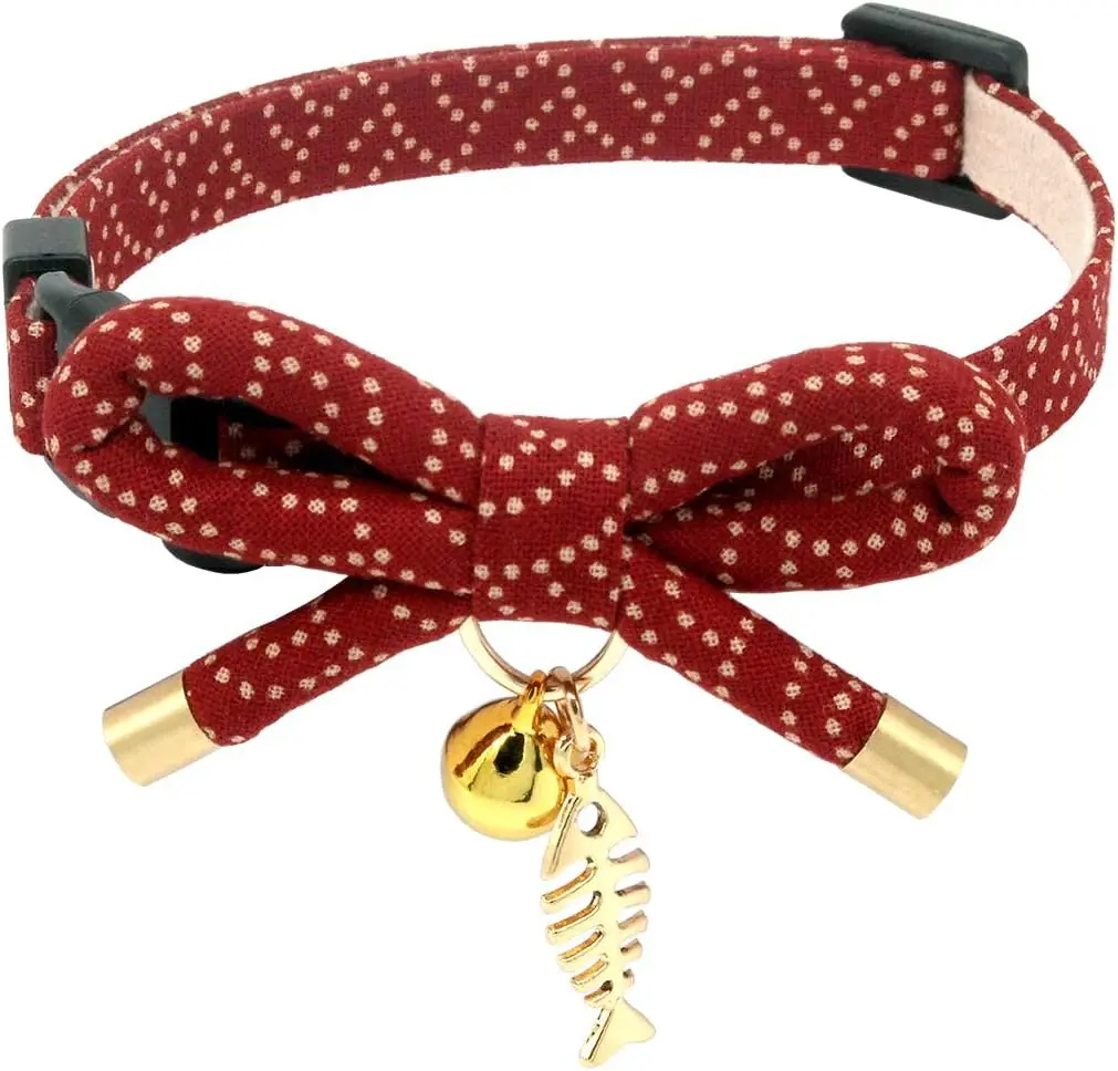 Soft Hypo-Allergenic Cotton Cat Collar - Adorable Knot Tie Bow Suede, Exquisite Japanese Stylish Fish Charm, Bell, Safety Breakaway, Lightweight, Adjustable Size, Beautiful Design, Quality Materials & 100% Handmade, Red, for Kittens