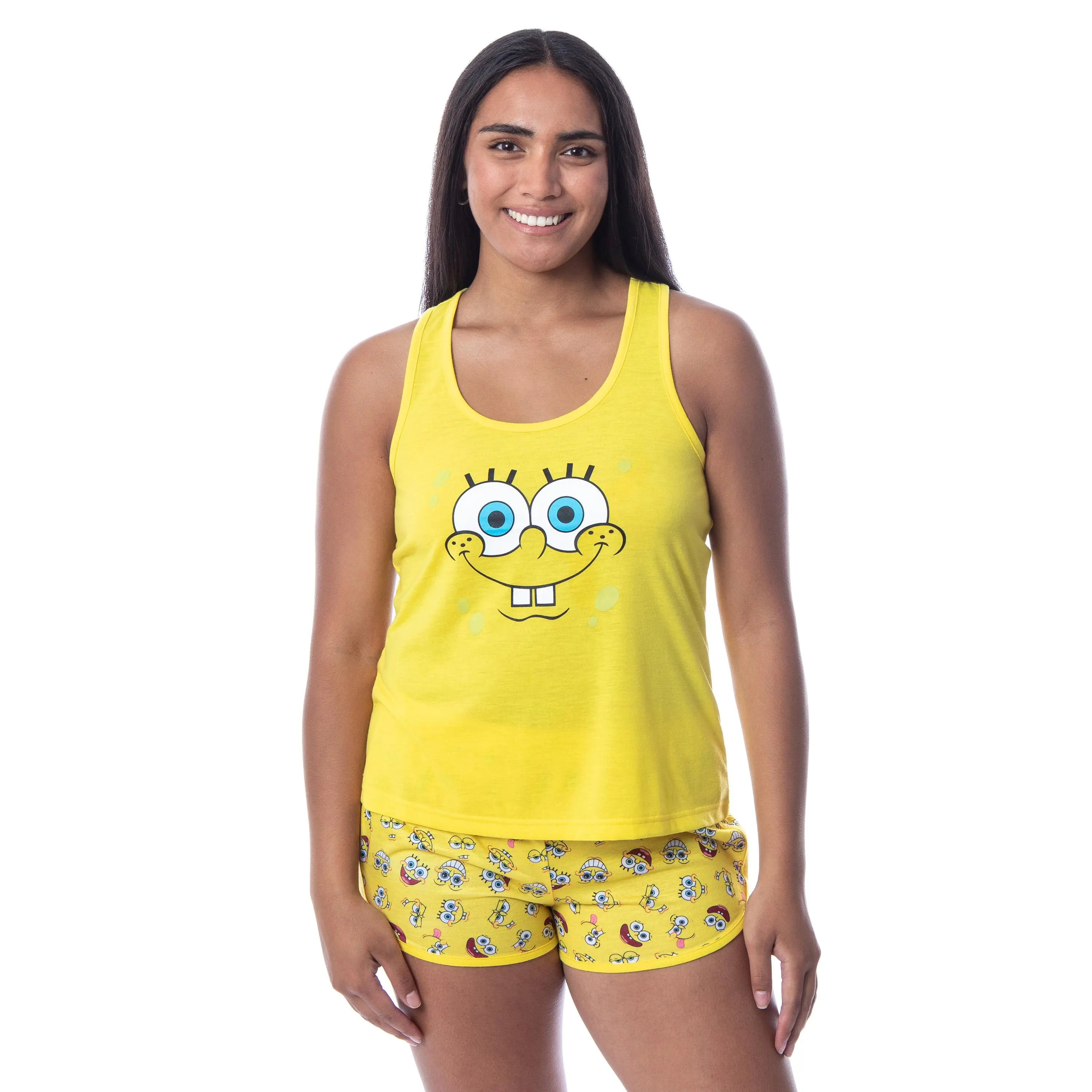PJammy Women's Nickelodeon SpongeBob Pajama Set, 2-Piece Polyester Nightwear with Graphic Racerback Tank and All-Over Print Shorts, Bottoms, Apparel, Casual Wear, Lady, Style, Elastic