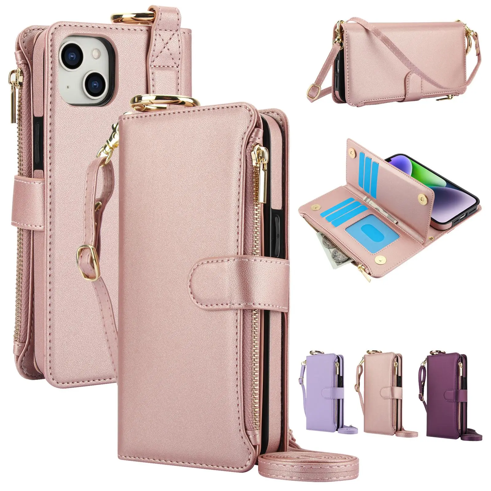 [LX]Multifunctional Wallet Flip Zipper Phone Case with Lanyard, 1 Set Multi Card Slot Phone Case, Phone Accessories for iPhone18 17 16 15 14 13 12 Pro Max