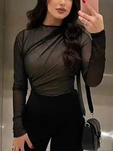 Mesh High Neck Jumpsuit, Slim Fit Long Sleeve Romper, Minimalist Elegant Style, Women's Fashion One-Piece