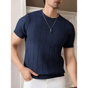 Men's Navy Blue Solid Color Round Neck Short Sleeve Knitted Top Fitted Casual Daily Wear Polyester Viscose Blend Streetwear