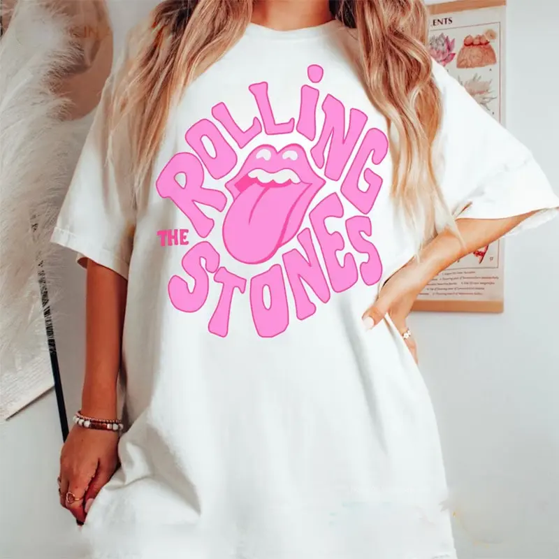 Pink Rolling Stones Tshirt, Band Graphic Tshirt, Music Tshirt, Retro Vintage Tshirt, Trendy Tshirt Top Womenswear Underwear Comfort Women Lady Streetwear Summer Casual Round Neck