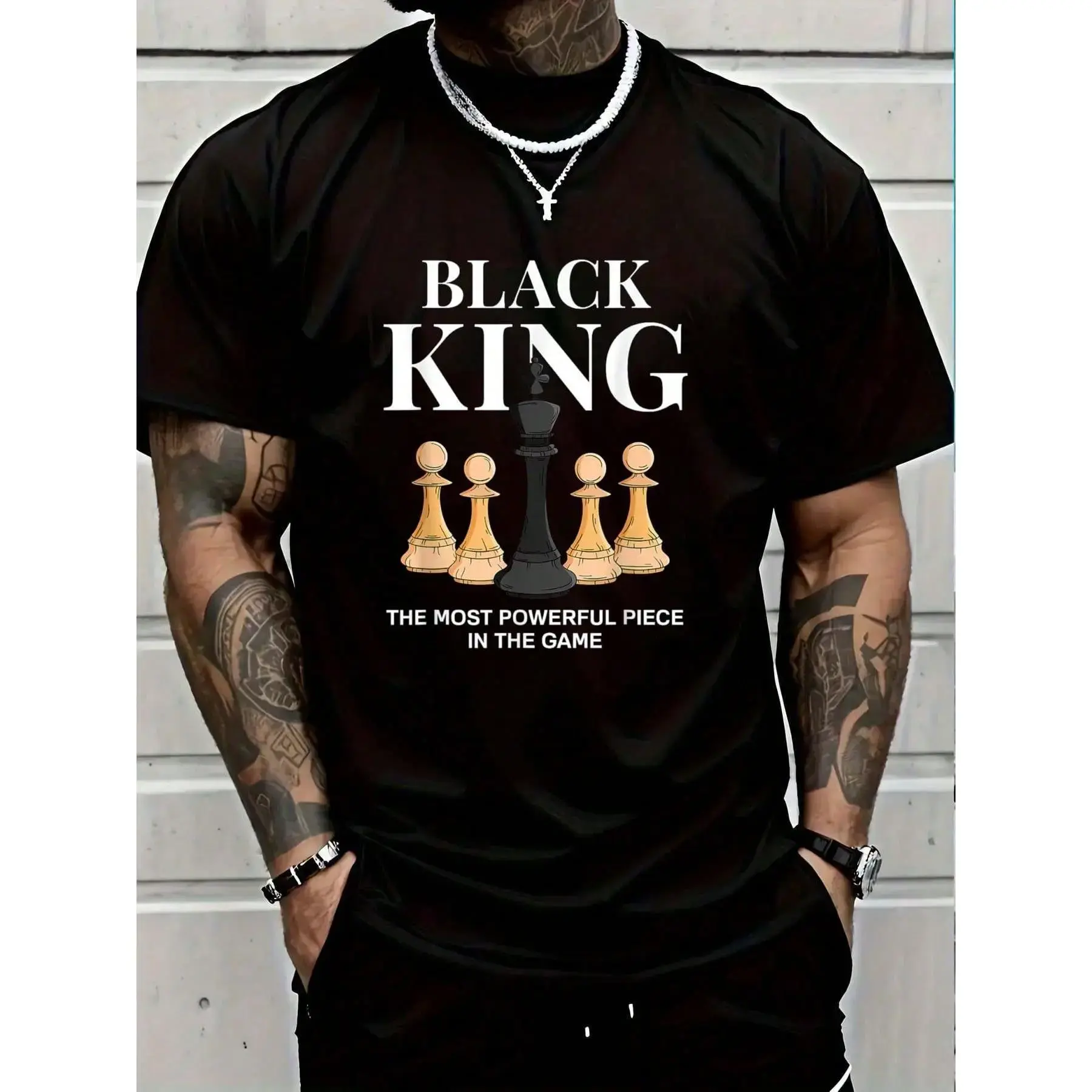 Men's Graphic T-Shirt with 'The Most Powerful Piece' Chess King Print, Breathable 100%25 Cotton Relaxed Fit Short Sleeve Tee