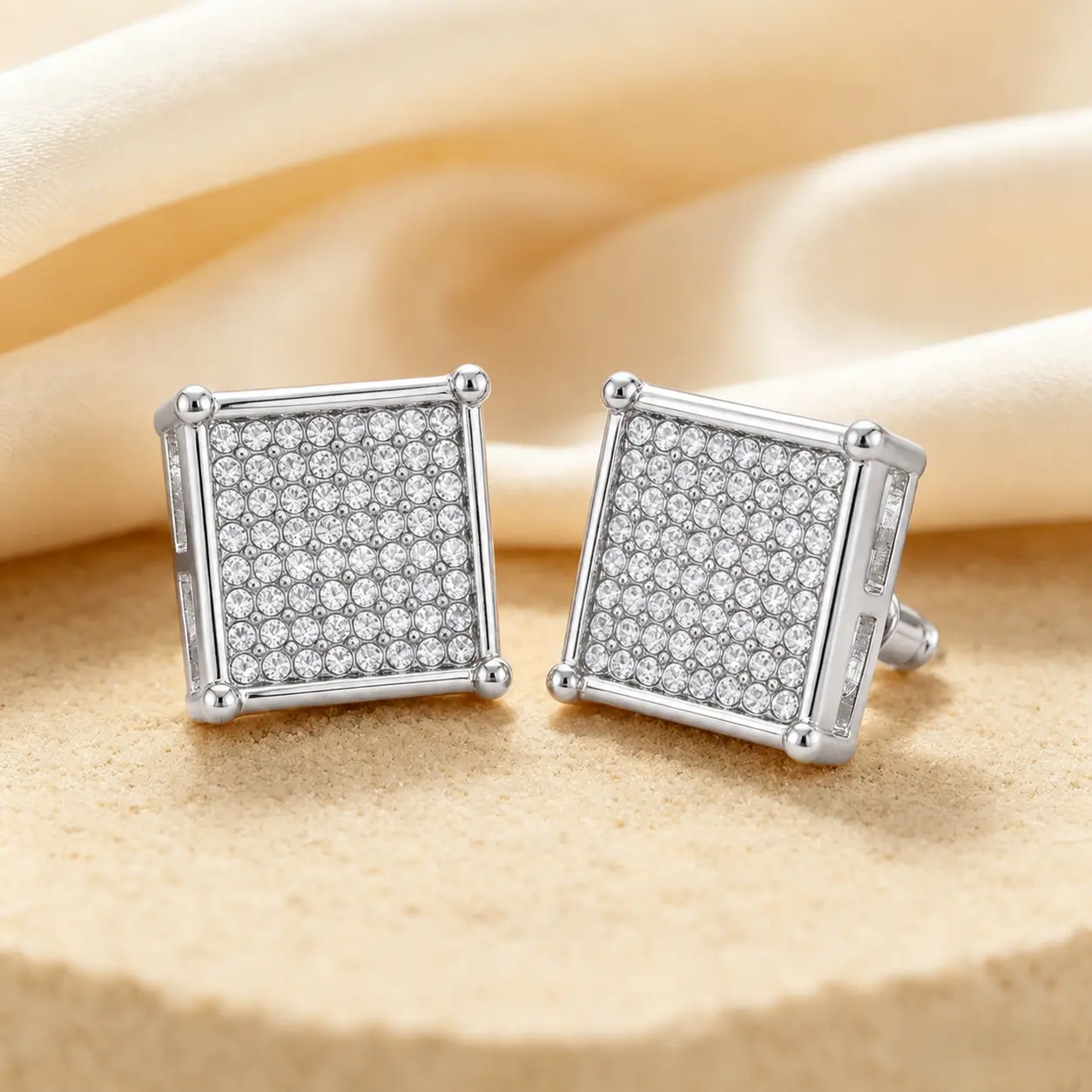 Iced Out Micro Zircon Cushion Square Earrings, Polished Gold Open Side Frame Bling Formal Party Jewelry