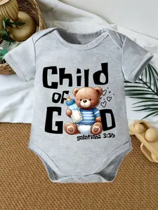 Baby Unisex "Child of God" Teddy Bear Short Sleeve Bodysuit, Christian Bible Verse Newborn Romper