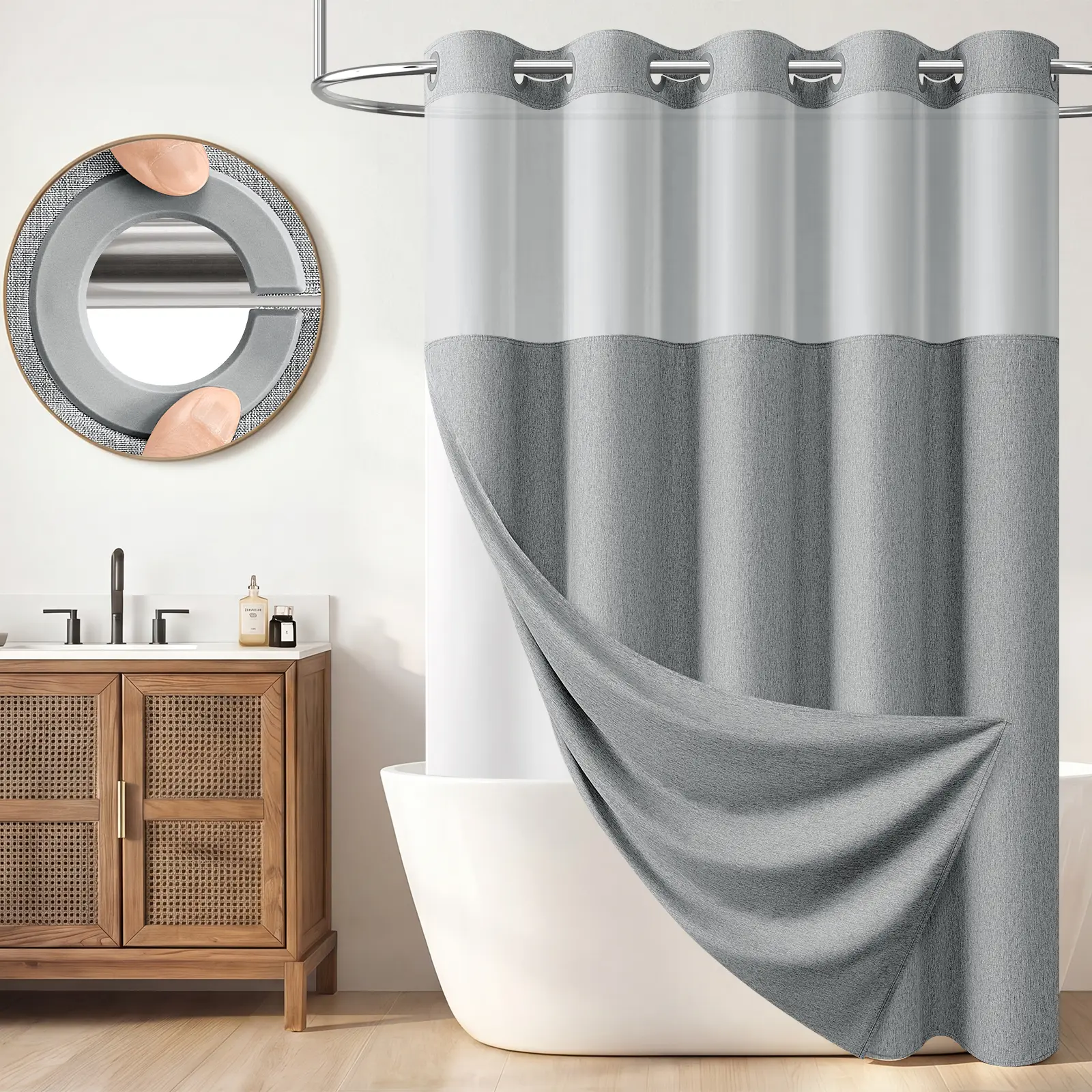 DYNAMENE No Hook Faux-Linen Shower Curtain Set with Snap-In Wahsable Liner, Mesh Window and Weighted Magnats, Two Layer Water-Resistant Machine Washable Bathroom Curtain for Home, RV, Hotel Use, Cortina de baño sin ganchos