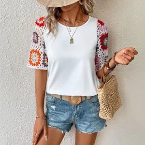 Shewin 2026 Spring/Summer Women's Boho Floral Print T-Shirt - Raglan Short Sleeve Casual for Daily Wear