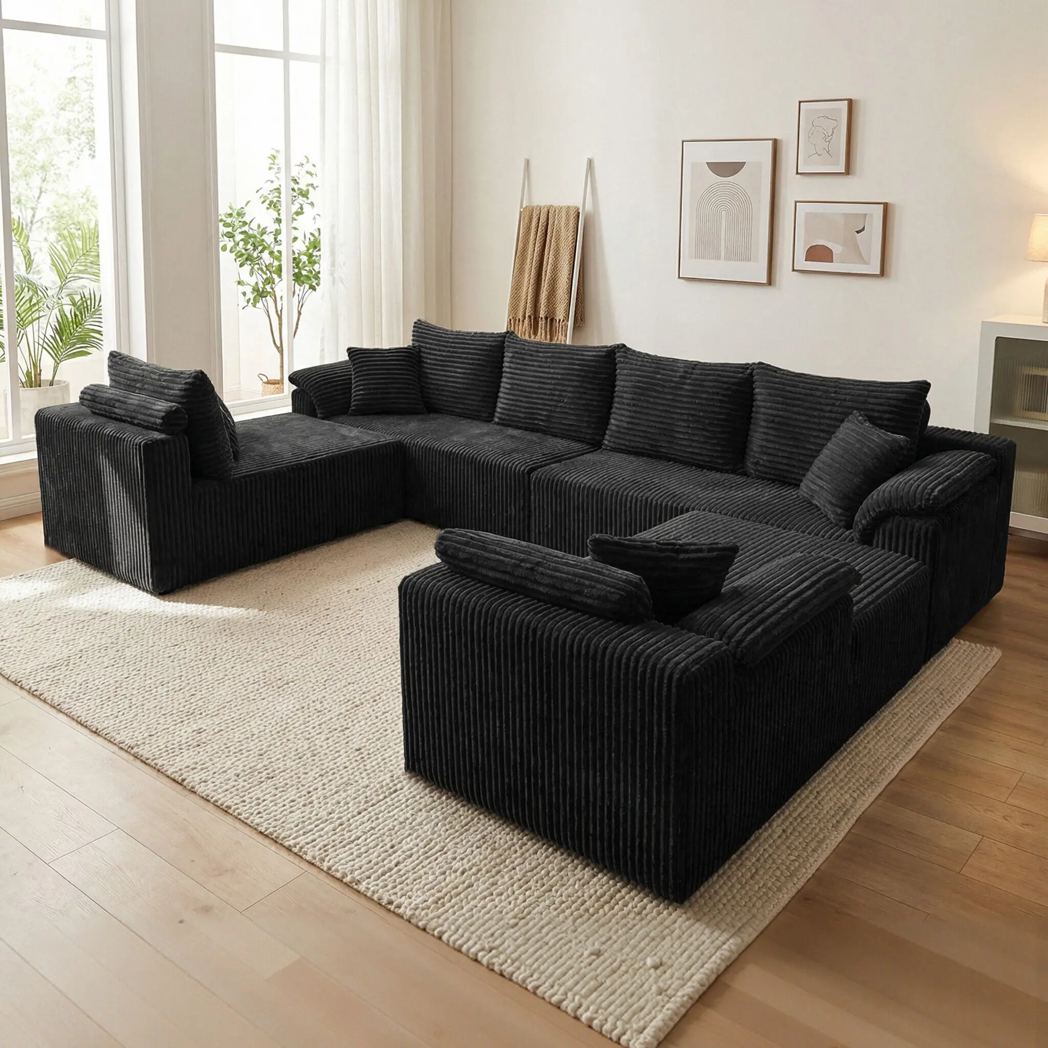 137in U-Shaped Modular Sectional Sofa Set - Black Sectional Couch, Modern Minimalist Sofa with Fixed Arms, Multiple Seats, Cushioned Convertible Couch, Oversized Chaise for Living Room Indoor Furniture Combination Sofa Set