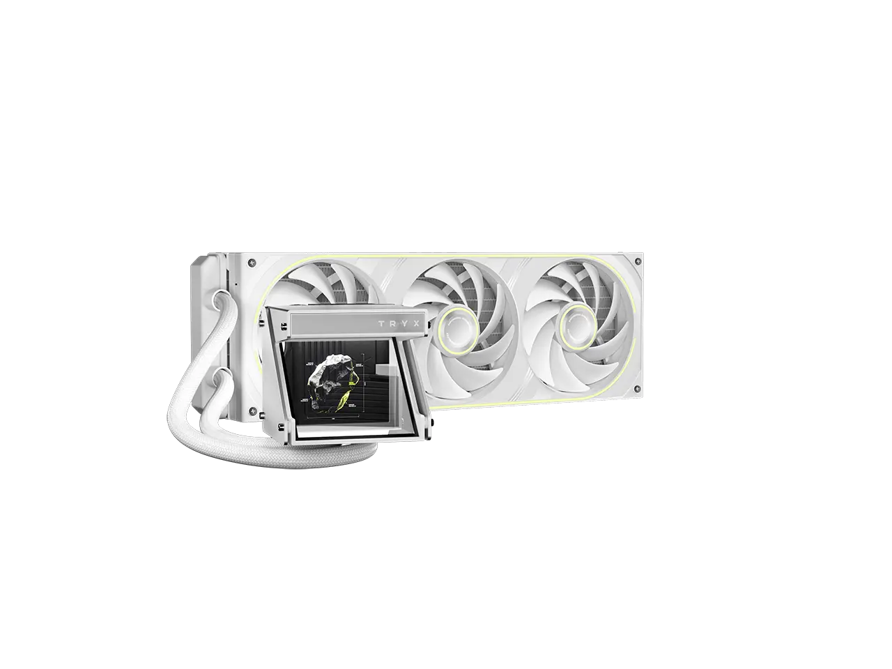 TRYX Holo 360mm AIO White Holographic Visual GIPHY Built-in Asetek 280w TDP 7th Gen V2, FOBR Unibody Fan, Adjustable Water Block, Embedded Al Interface, Aluminum, Intel LGA 1851/1700 AMD AM5/AM4