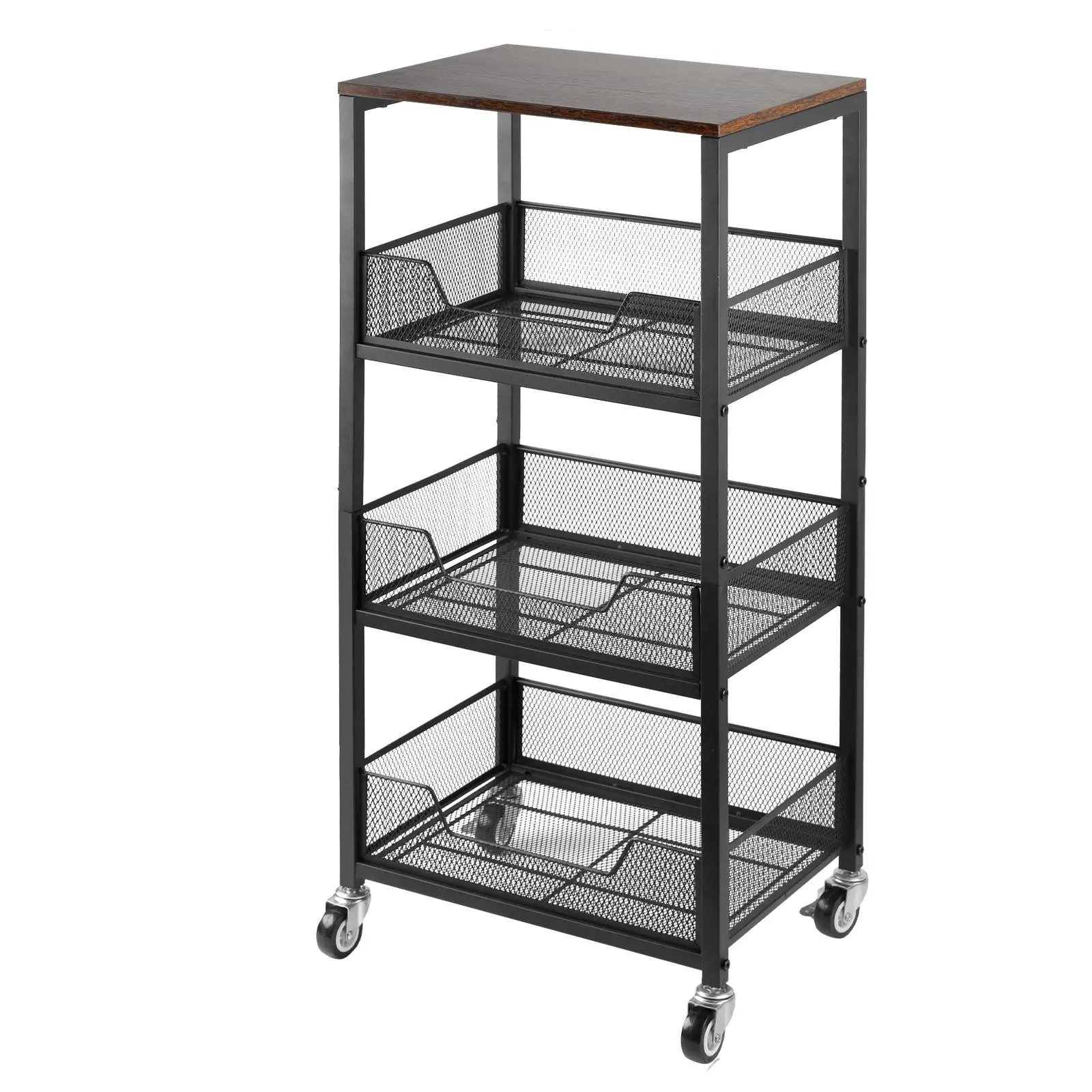 3-Tier Wooden Top Floor Standing Utility Cart, Metal Mesh Basket Racks with Built-In Bins, Movable Bottles Organizer for Kitchen, Bathroom