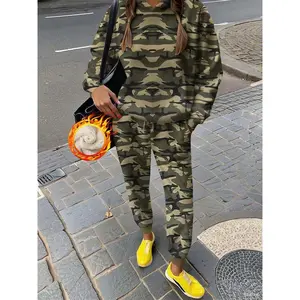 Women’s Casual Sporty Hoodie Set, Thick Fleece-Lined Camouflage Jacket & Pants, Stylish and Comfortable for Everyday Wear