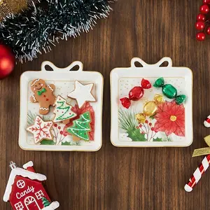 Set of 2 Ceramic Gift Box Design Plates  Adorable Christmas Serving Platter for Cake & Fruit  Unique Holiday Home Kitchen Decoration, Small Porcelain Trinket Dish, Perfect Housewarming or Xmas Gift Idea