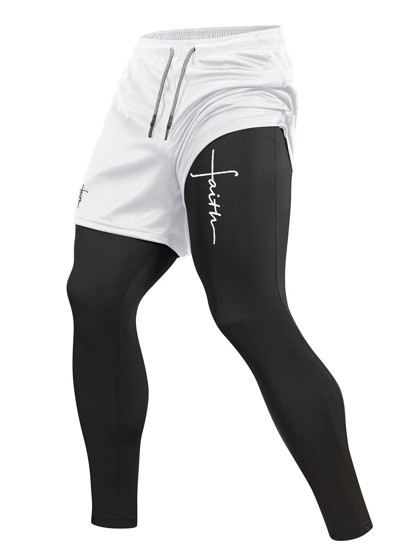 Men's Faith Cross Print Sporty 2 in 1 Compression Pants, Spring & Fall Gym Workout Fitness Tights Leggings, Athletic Bottoms with Phone Pocket, Zipper Pocket, Towel Loop, Athletic Running Quick Dry Fabric Baselayer Activewear