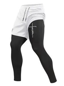 Men's Faith Cross Print Sporty 2 in 1 Compression Pants, Spring & Fall Gym Workout Fitness Tights Leggings with Phone Pocket, Zipper Pocket, Towel Loop, Athletic Running Quick Dry Fabric Baselayer Activewear