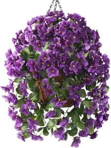 RZHfffhua Artificial Hanging Flowers in Basket for Patio Garden Decor,Artificial Plant with Coconut Lining Hanging Baskets,Begonia Flower for The Decoration of Outdoors and Indoors(Purple)