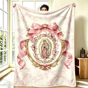 Virgin Mary Our Lady of Guadalupe Coquette Pink Bow Blanket, Vintage Floral Gold Frame Butterfly Cute Aesthetic Room Decor Gift for Women Teens Girls, Mother's Day Birthday,Christmas , Super Soft Cozy Warm Fleece Flannel Throw Blankets for Couch Bed