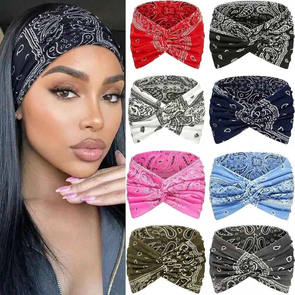 8 Pack Vintage Printed Elastic Headbands for Women, Multi Color Sweat Wicking Sports Hair Bands, Non Slip Workout Headwraps for Yoga Running Fitness & Daily Hair Accessories