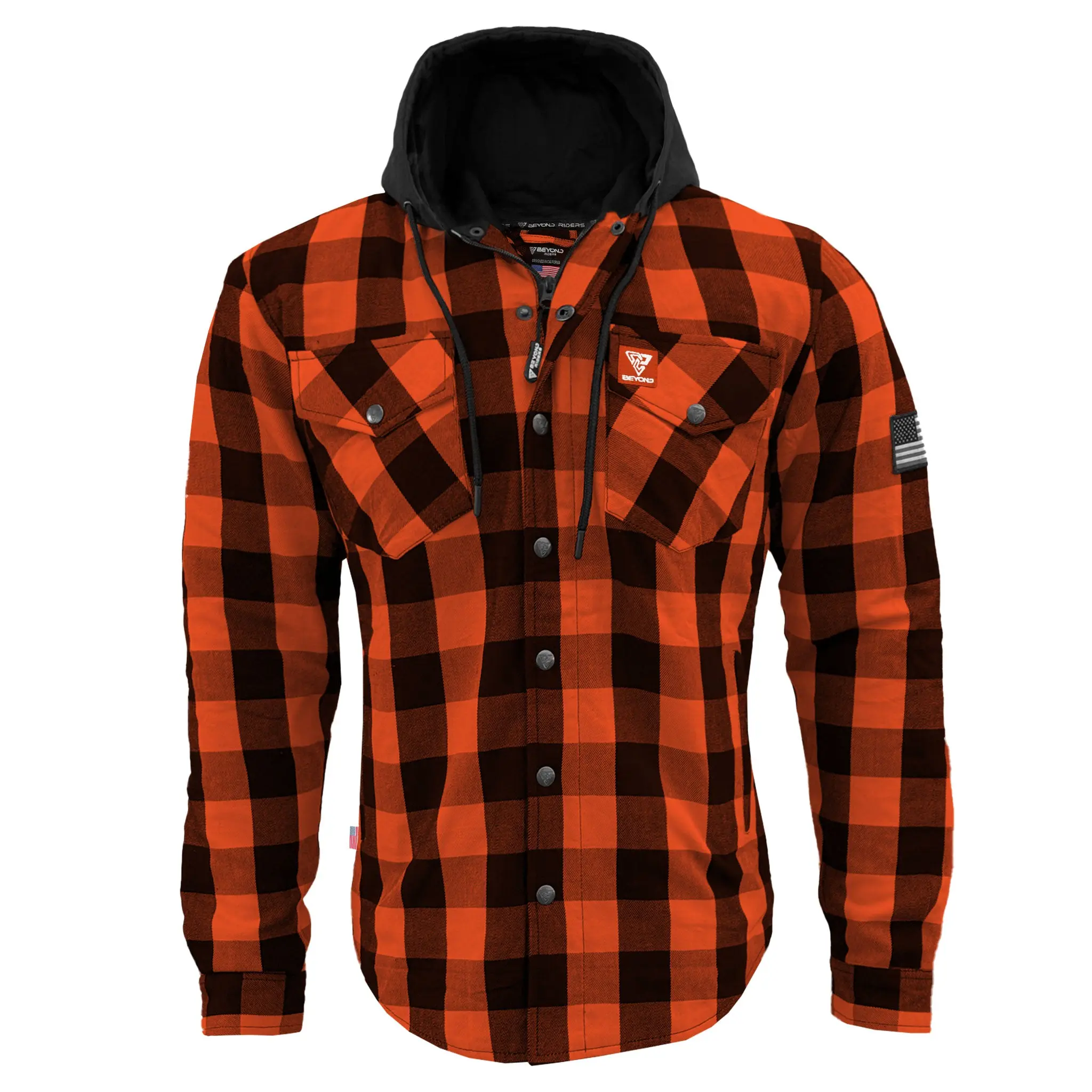 Protective Flannel Hoodie For Men - Orange and Black Checkered
