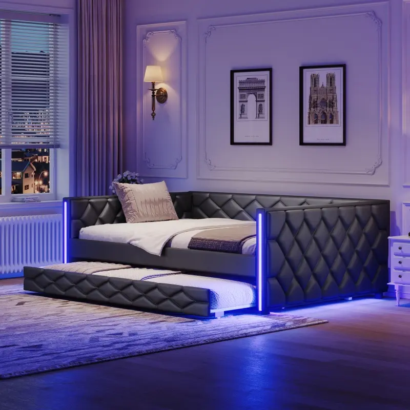 Black Upholstered Full XL Bed Frame - PU Leather Daybed with Pull-Out Trundle Pull Out Bed, Armrest-Integrated LED Lights, 86.60" L x 56.90" W x 27.70" H, 143.00 lbs Capacity, Assembly Required, Ideal for Living Room, Dorms (Expected Arrival: 9.17)