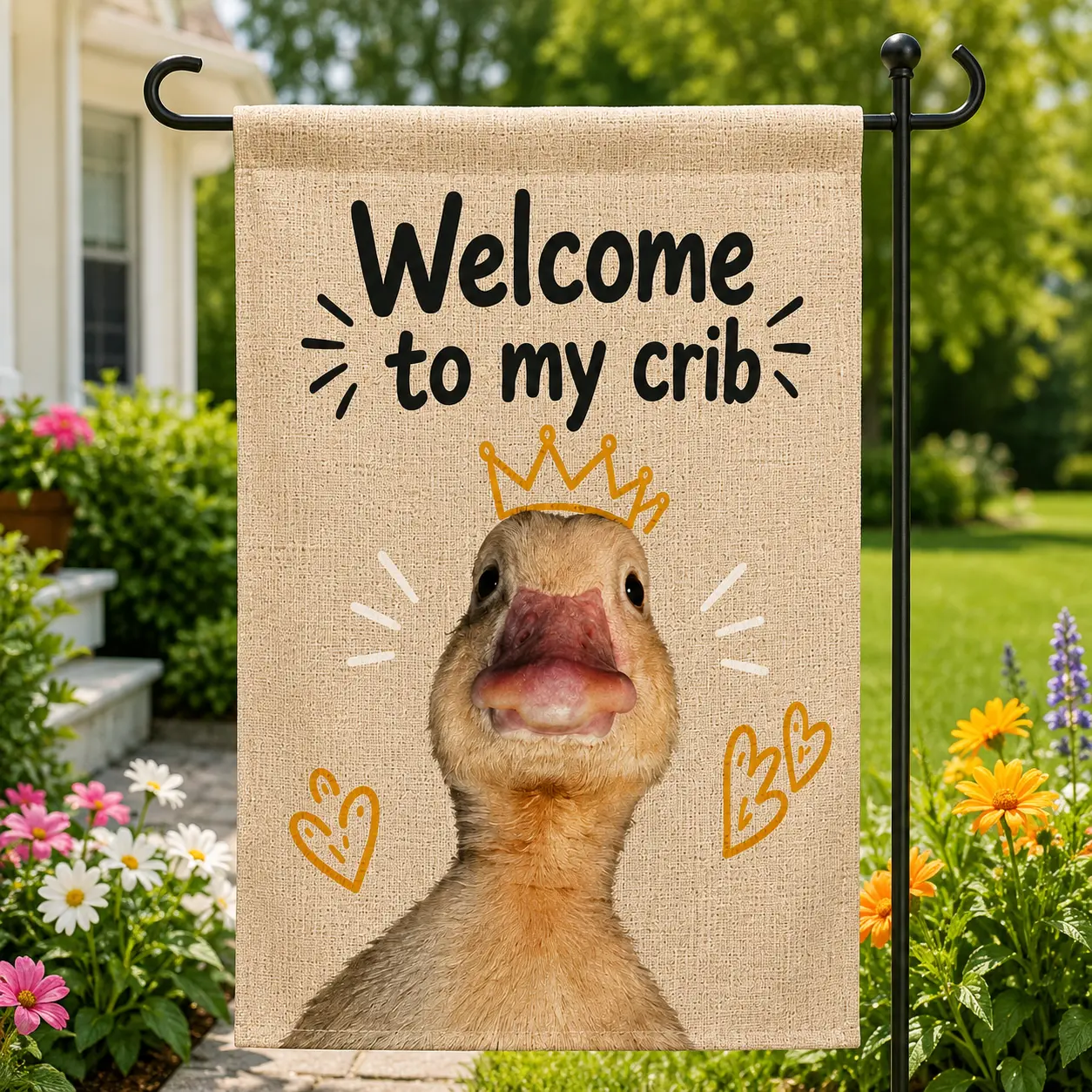 Welcome to My Crib Funny Goose Garden Flag, 12 x 18 Inch Cute Burlap Yard Flag for Porch, Lawn & Farmhouse Outdoor Decor, Flag Only