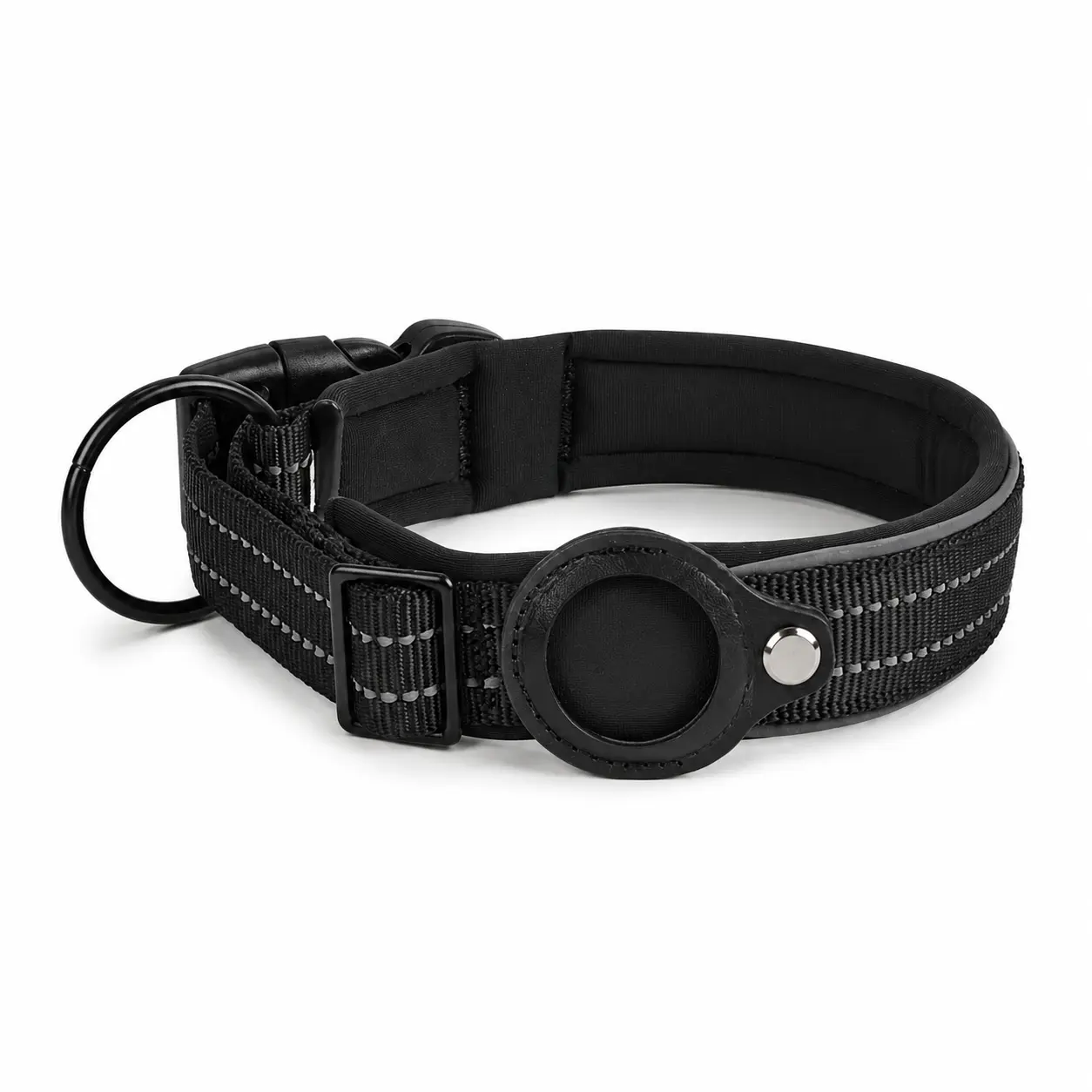 Dog Collars for AirTag, Reflective Adjustable Pet Collar with Built-in AirTag Holder, Padded Black Dog Collar for Everyday Walks, AirTag Not Included