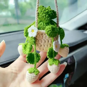 1pc Car Plant Crochet Hanging Basket, Plant Strawberry Hanging Plant for Car Decor, Car Ornaments Charms for Rear View Mirror