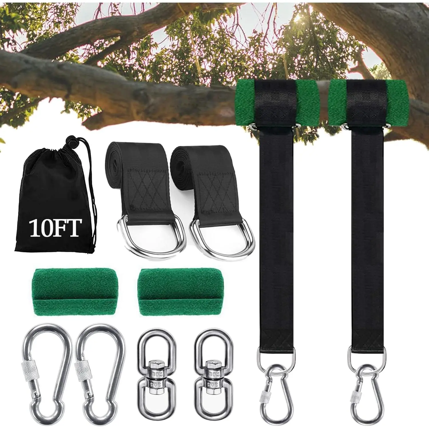 Extra Long Tree Swing Straps, 3FT/10FT/20FT/30FT Tree Swing Hanging Straps Kit Holds 5000 lbs with Tree Protector, Heavy Duty Carabiner and Swivel  for Swings & Hammocks (10 FT) Black