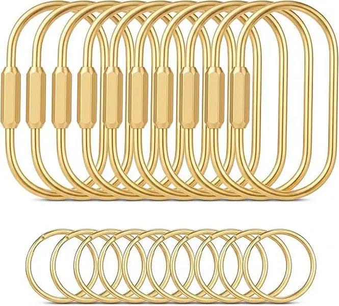 10 Packs Keychain with 10pcs Flat Rings Carabiner Clip, Gold Brass Key Rings, Screw Lock Keys Organizer, Purse Bag Accessories Charms Holder for Handbags, Doll, Car Keys