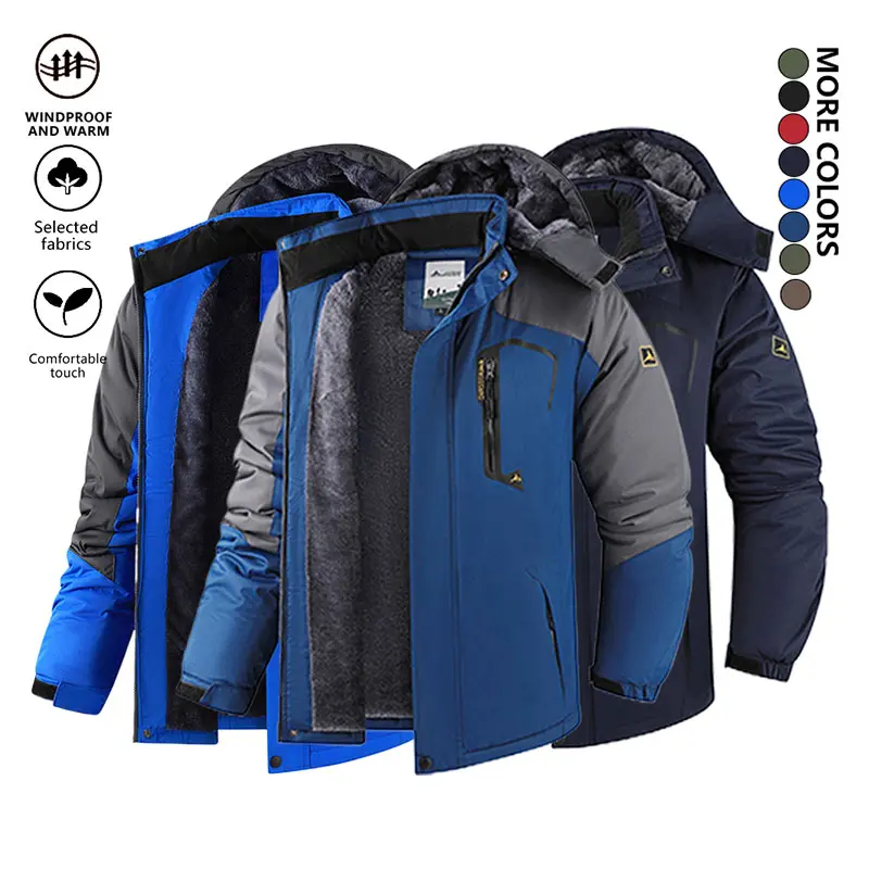 Men's Warm Fleece Outdoor Mountain Hooded Winter Jacket Windproof & Warm Fleece Lined Regular Fit Casual Long Sleeve Front Zipper Coat with Pockets Suitable for Autumn and Winter