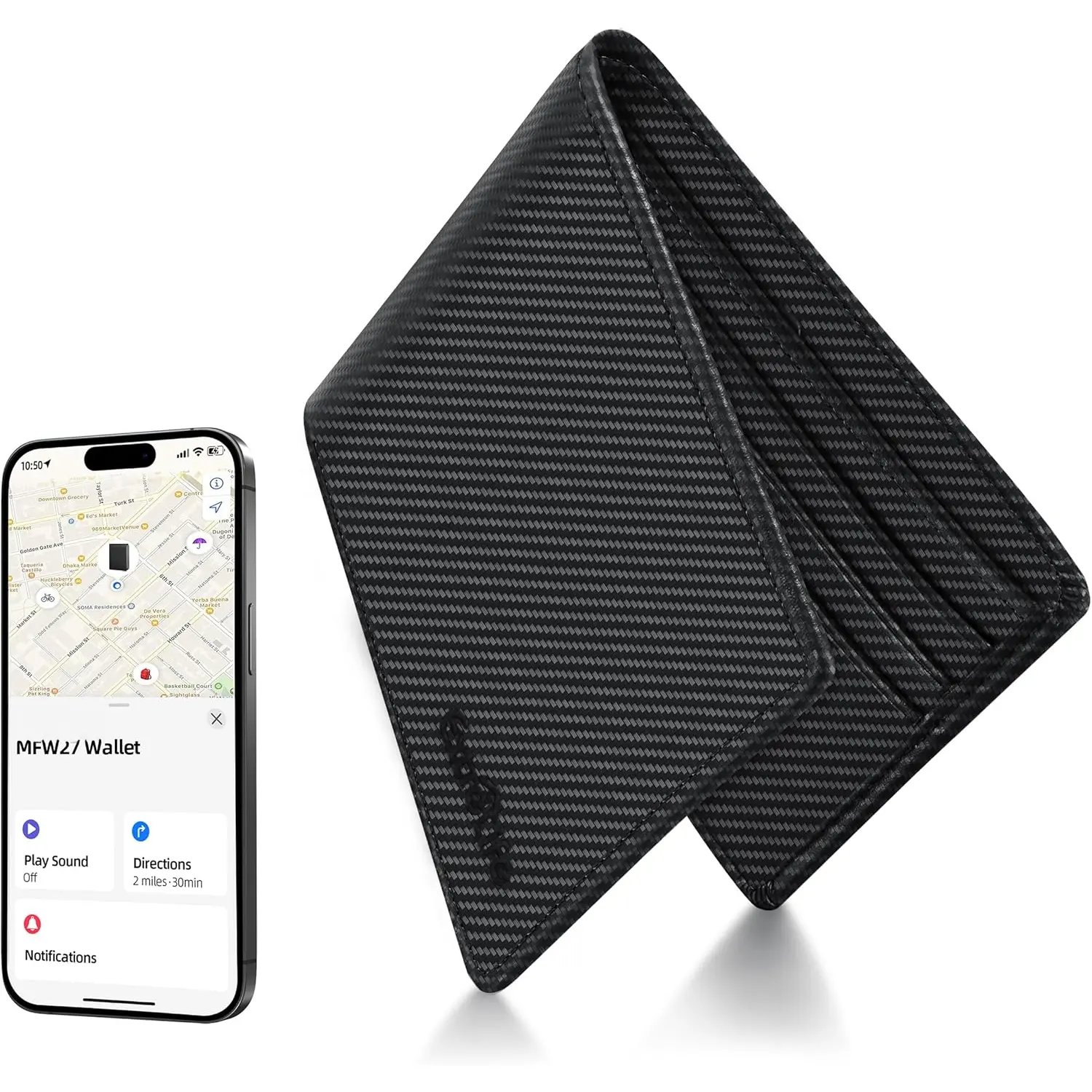 Wallet for Men, Built-in   with  Find My (iOS Only), RFID Blocking Bifold Mens Air Tag Wallet with GPS , Rechargeable Wallets Finder,  for Him, Carbon Black