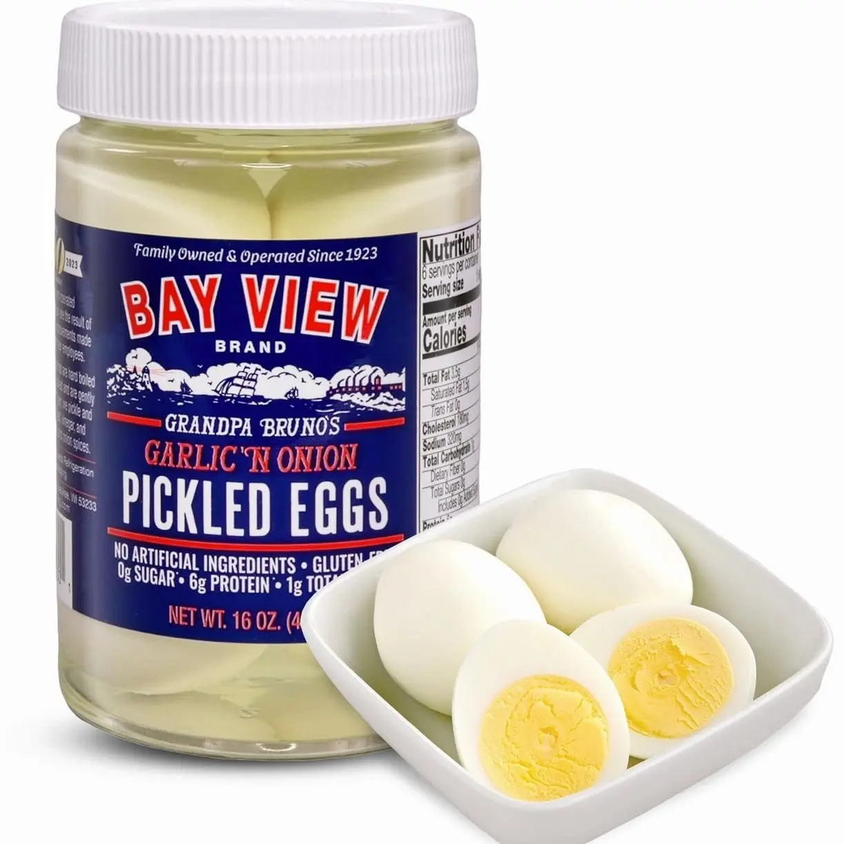 Bay View Pickled Eggs, No Artificial Ingredients, Gluten Free, 0g Sugar, 6g Protein, Fresh Grade A Eggs, Boiled and Peeled (16oz, Garlic 'N Onion)