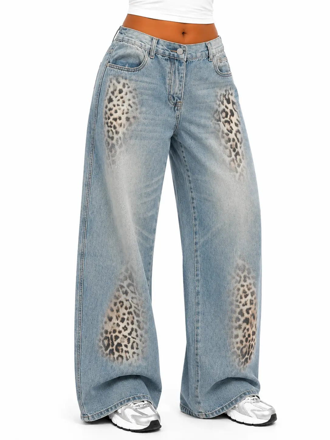 Flooo Women’s Leopard Graphic Wide Leg Jeans with Leopard Print Detail,Vintage Light Wash Baggy Denim Pants