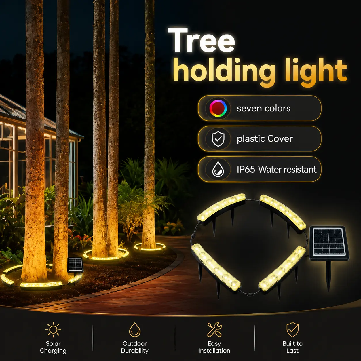 Solar Tree Lights Outdoor, Ring Solar Uplights for Trees with 3-in-1 Installation (Stake/Tie/Hang), Warm White and Colorful 3 Mode Landscape Lighting, 4 Ring Lights with 16.4 FT Extension Cable, IP65 Waterproof commercial
