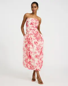 Express Floral Strapless Ruched Drop Waist Bubble Hem Maxi Dress with Pockets