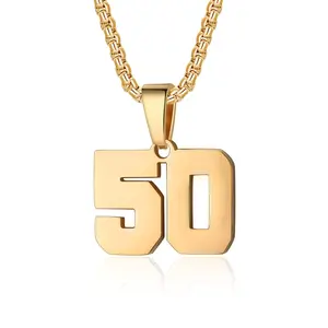 Stainless Steel Number Necklace for Athletes with Number 50 Pendant, Personalized Sports Jewelry for Men, Gold Color