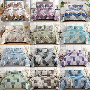 Reversible Patchwork Bedspread Set Queen King Size Plaid Floral Pattern Quilted Coverlets 3 Pieces Colorful Soft Microfiber Bedding Set Fall Autumn All Season Use