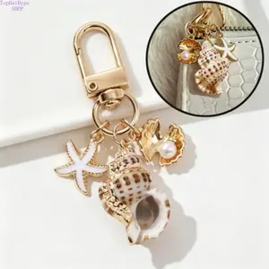Asymmetrical Shell & Starfish Wallet Pendant Keychain, 1pc Unique Ocean-Inspired Costume Jewelry, Nautical Decor for Bags, Keychains for Women