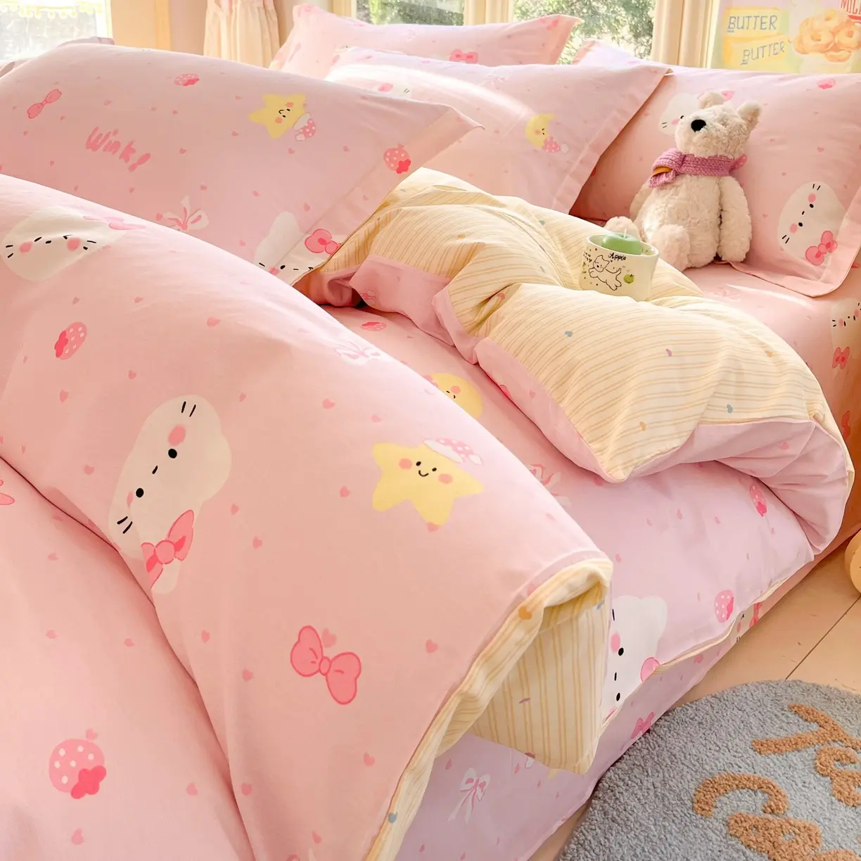 100% Cotton 4-Piece Bedding Set – Suitable for Children and Student Dormitories (Includes Fitted Sheet, Flat Sheet, and Duvet Cover)