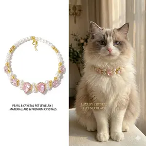 Luxury Pet Jewelry Collar with Large Pink Crystal Pendants and Pearls, Bling Pavé Setting, Adjustable Neck Chain for Small Dogs and Cats, Princess & Queen Dress Up Accessory, Ideal for Parties, Holidays, and Weddings (S/M/L)