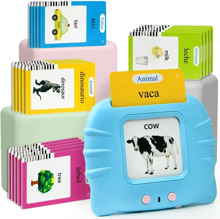 Unisex Bilingual Spanish-English Talking Flash Cards, 112-Card 224-Content Pocket Speech Buddy, Autism Therapy Educational Toy for 3-8 Year Olds Kids Gift, Language