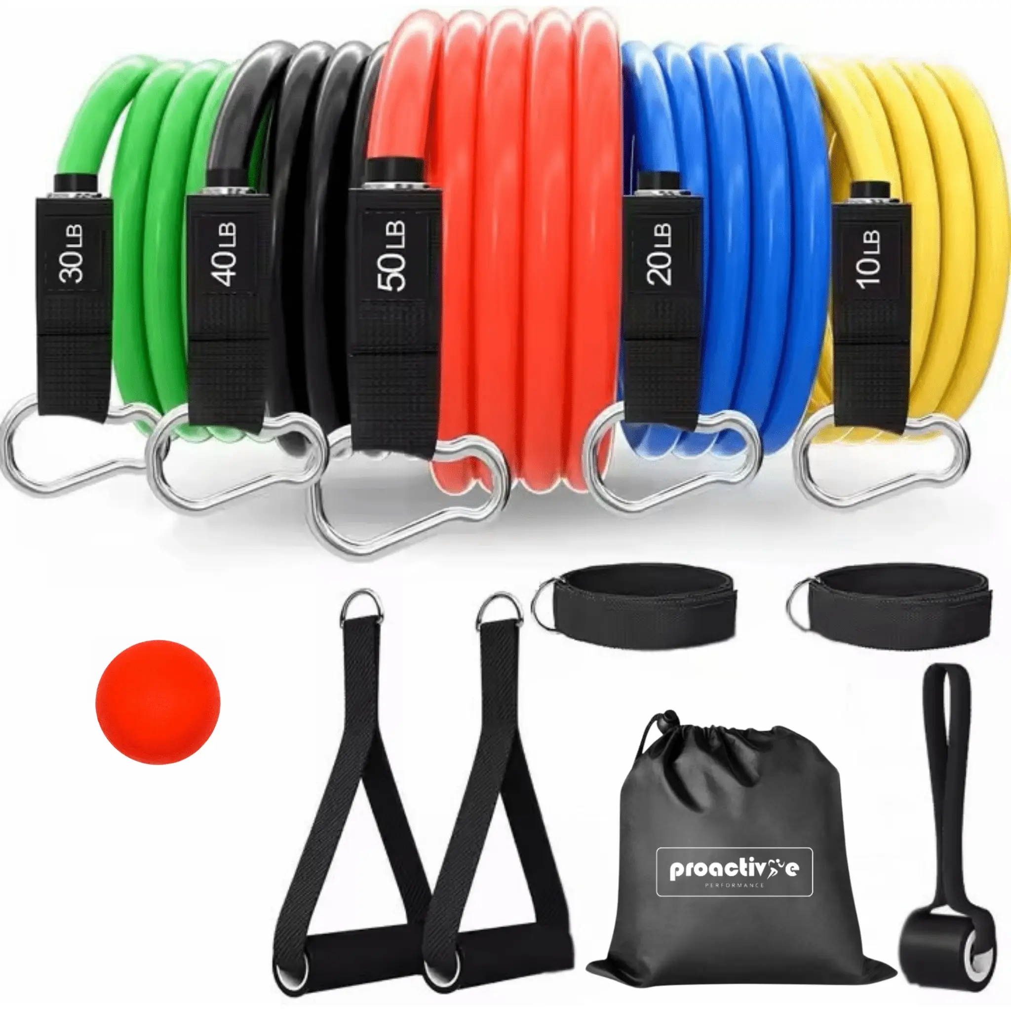 ProActive All-in-One Portable Gym Kit – 150LB Resistance Bands with Massage Ball