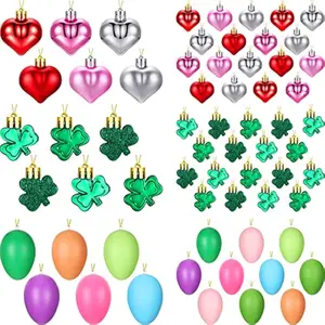 64 Pieces Valentine's Heart Shaped Ornaments Heart Shaped Baubles St Patrick's Day Shamrocks Easter Hanging Egg Baubles Mini Valentine Ornaments for Holiday Hanging Decors(Classic)