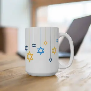 Star of David Mug, Jewish Holiday Gift, Menorah Celebration Cup, Hanukkah Coffee Mug, Blue and Yellow Star Mug, Spiritual Beverage Container ceramic Washable Reusable Tumbler Drinkware latte cup