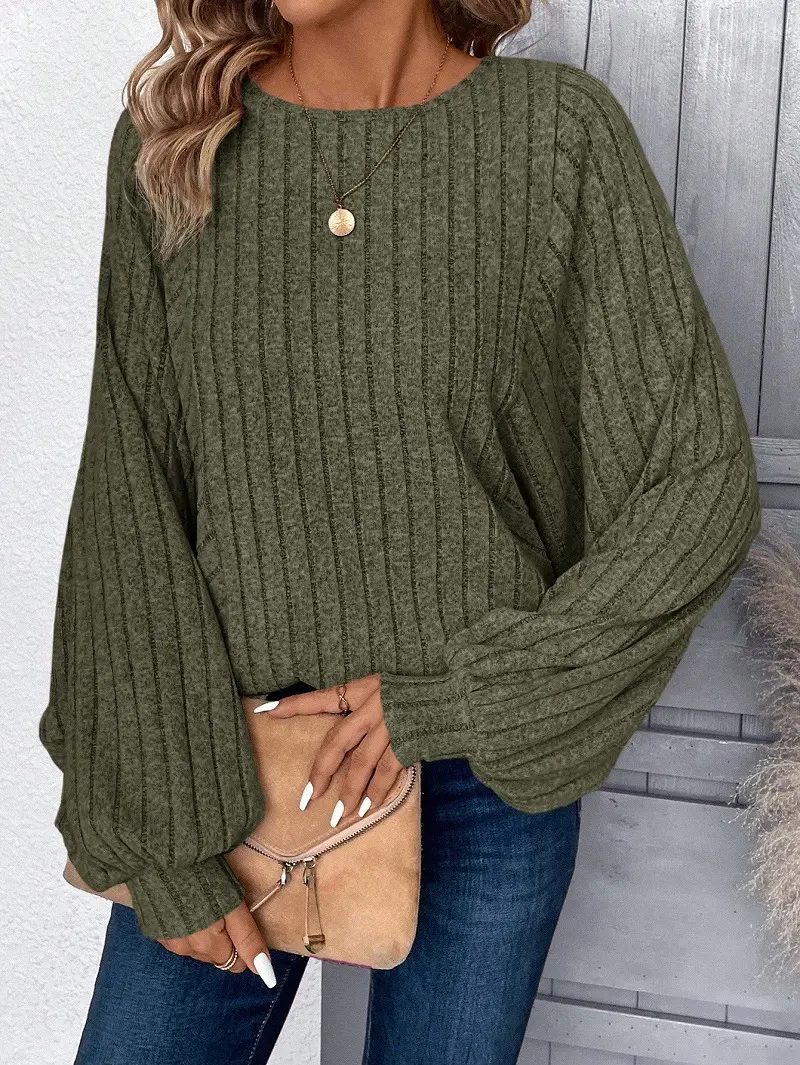 Women Crew Neck Vertical Ribbed Knit Top, Oversized Lantern Long Sleeve Loose Batwing Pullover Sweater, Casual Relaxed Fall Winter Daily Commute Blouse, Vacation Street Outfit Gift for Her Black Green Gray Rose Multi Sizes-DTY