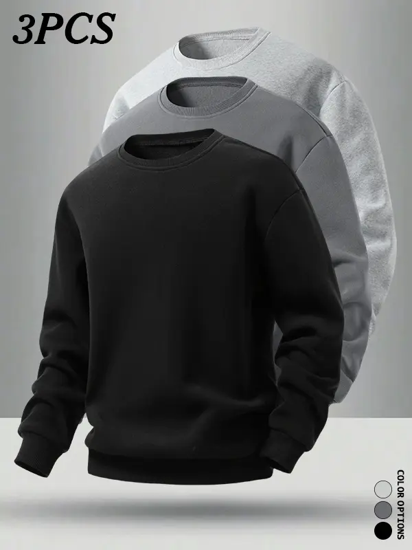 3-pack men’s basic crewneck pullover sweatshirts, snug at the neckline, drop-shoulder loose fit; can be freely mixed and matched for commuting, shopping, and home wear.