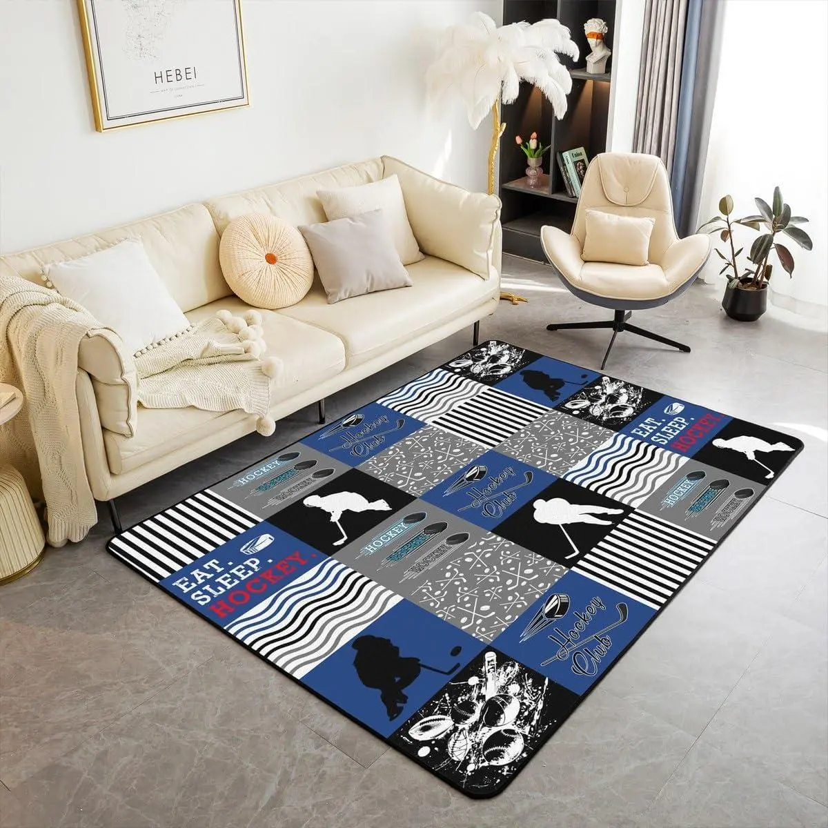 Ice Hockey Living Room Rugs Bedroom Area Rug Hockey Player Decor Carpet Soft Blue and Gray Indoor Floor Mat Sports Theme Sports Lovers