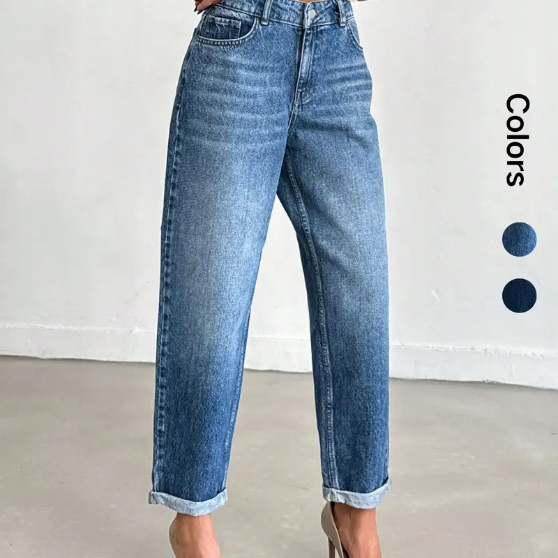 OBLue Jeans Retro High Waist Straight Leg Jeans for Women, Loose Fit with Rolled Hem for Slim Look and Style, High Waisted Denim