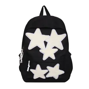Unisex Preppy Style Star Patched Backpack Casual Lightweight Large Capacity Stylish Daypacks Fluffy Backpack Fashionable Classic Backpack for Daily Travel College Use with Zip Closure